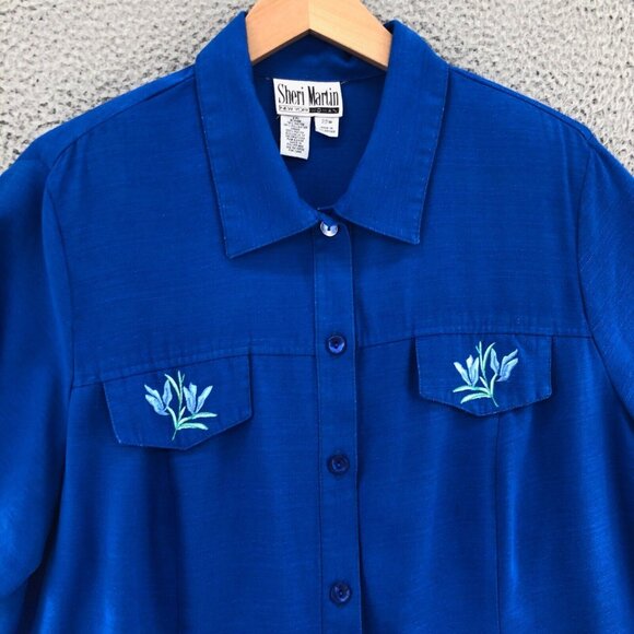 Sheri Martin Top Womens 22W Plus Blue Button Floral Embroidered Short Sleeves - Picture 2 of 10
